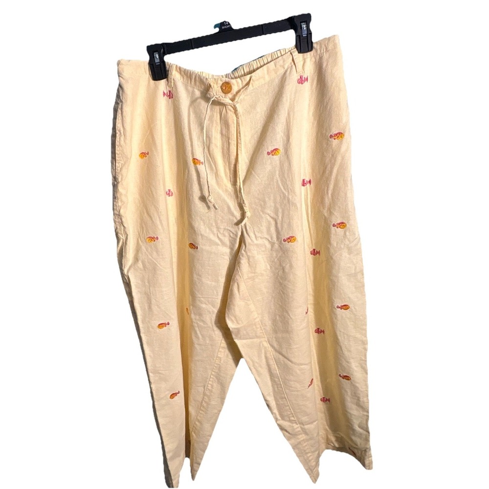 Womens 1X Yellow Embroidery PinkFish Linen Blend Pant Button Beach Sunset Sport